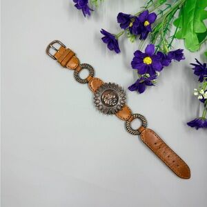 Cardini Brand Bronze Sunflower Medallion Vintage Leather Watch